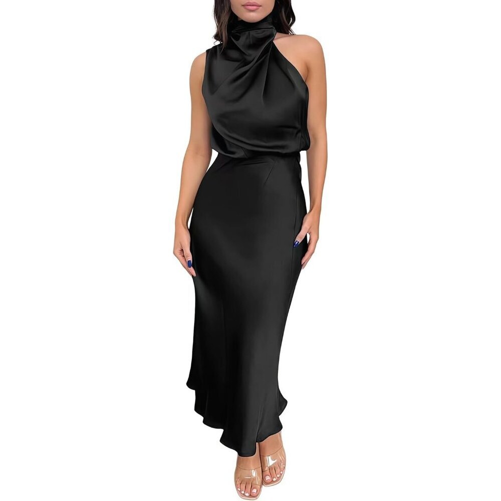 Women's Black Spring Summer Satin Sleeveless Elegant Formal Mock Neck Maxi